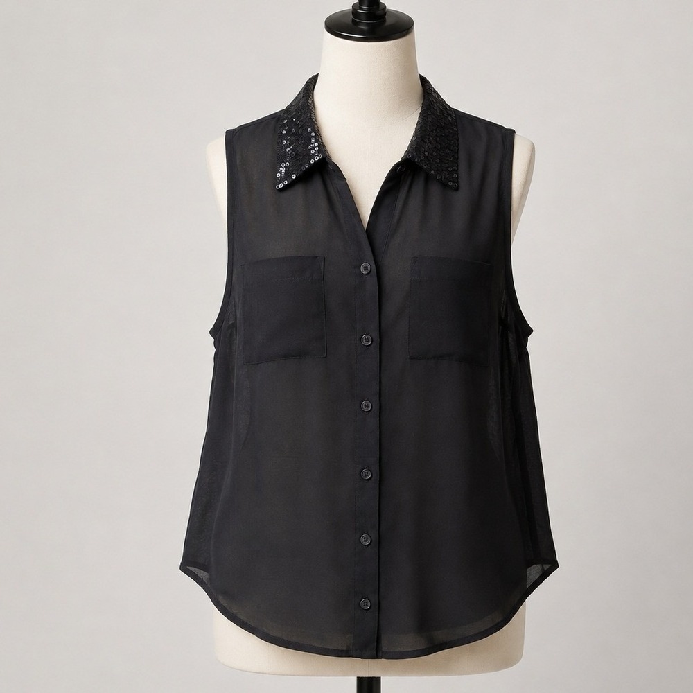 Wet Seal Black Sleeveless Sequin Collar Chiffon Button Sheer Blouse Medium Y2K